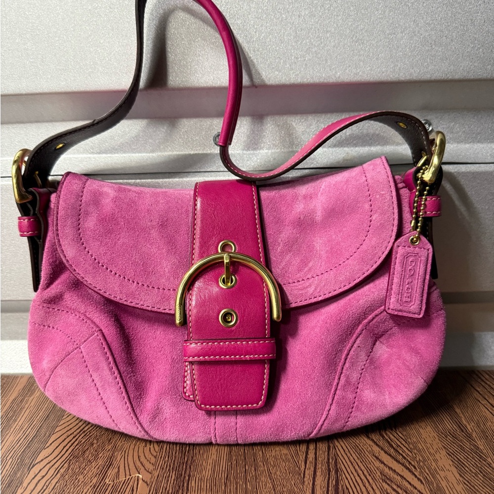 Coach Pink Suede Shoulder Bag with Gold Accents